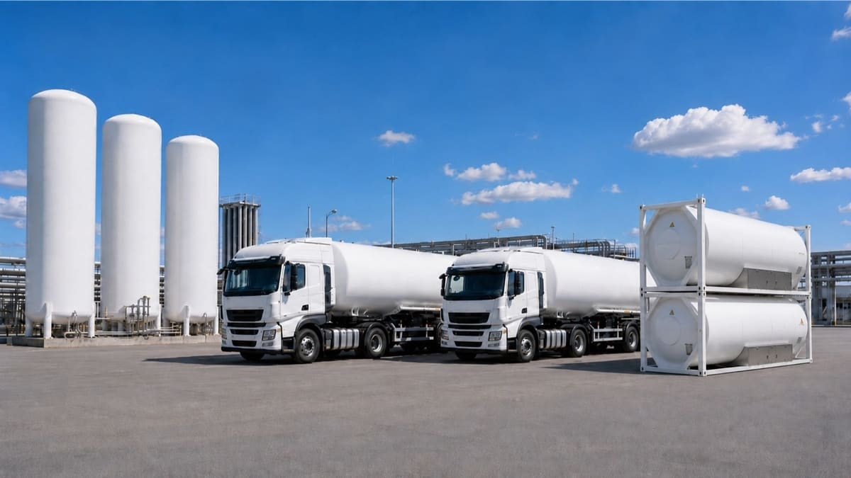White cryogenic tanker trucks, vertical storage tanks and ISO tank containers at an industrial gas terminal